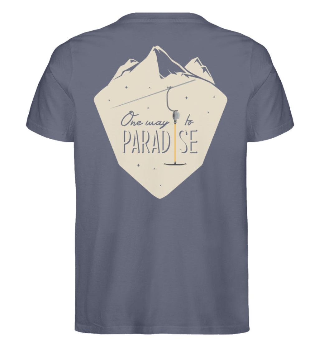 "Paradise" Herren Backprint Shirt von ANKERLIFT© in der Farbe Dark Heather Blue für Skifahrer und Wintersportler.
