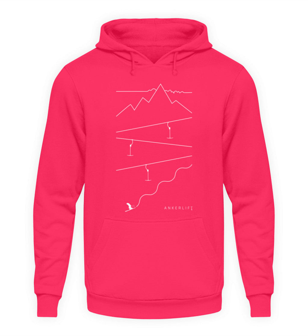 "Spuren" Unisex Hoodie in der Farbe Hot Pink von ANKERLIFT für Wintersportler