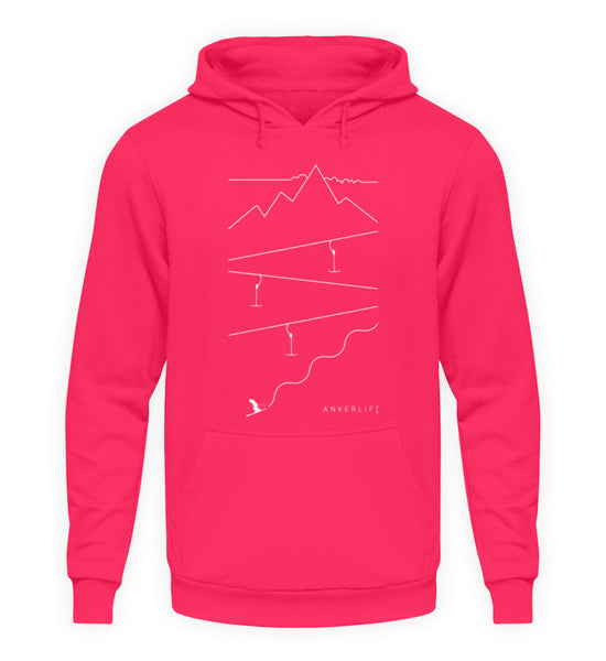 "Spuren" Unisex Hoodie in der Farbe Hot Pink von ANKERLIFT für Wintersportler