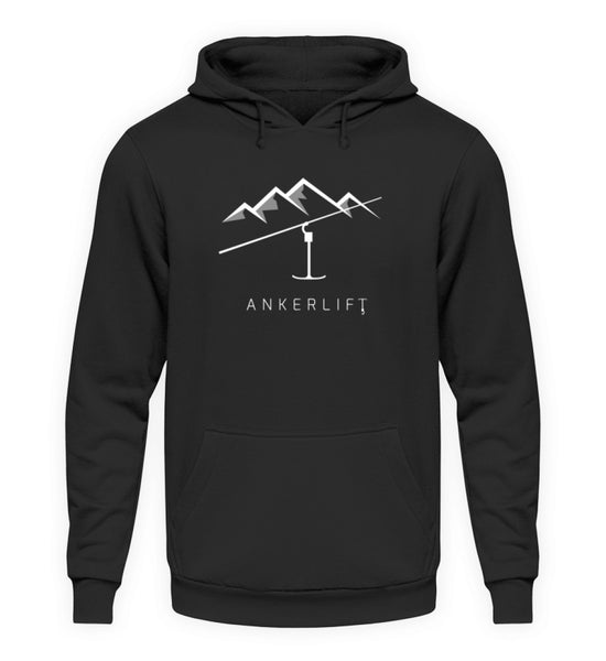 "Bergspitzen" Unisex Hoodie in der Farbe Jet Black von ANKERLIFT für Wintersportler