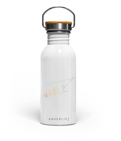 Weiße "Liftevolution" Edelstahl Trinkflasche mit Bambusdeckel von ANKERLIFT
