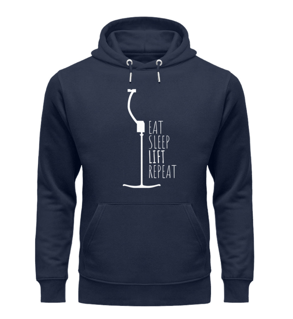 "Eat Sleep Lift" Unisex Organic Hoodie in Farbe French Navy-ANKERLIFT