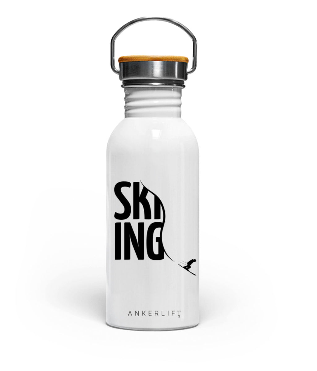 Weiße "SKI" Edelstahl Trinkflasche mit Bambusdeckel von ANKERLIFT