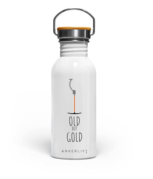 Weiße "Old but Gold" Edelstahl Trinkflasche mit Bambusdeckel von ANKERLIFT