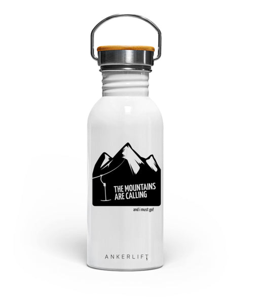Weiße "Bergruf" Edelstahl Trinkflasche mit Bambusdeckel von ANKERLIFT