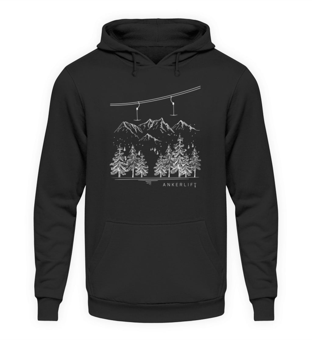 "Winterwald" Unisex Hoodie in der Farbe Jet Black von ANKERLIFT für Wintersportler
