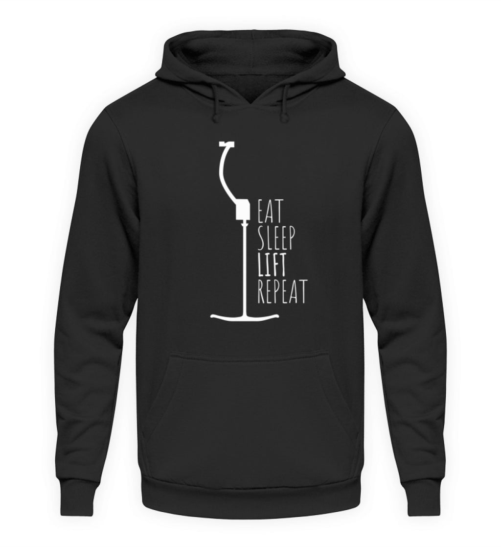 "Eat Sleep Lift" Unisex Hoodie in der Farbe Jet Black von ANKERLIFT für Wintersportler